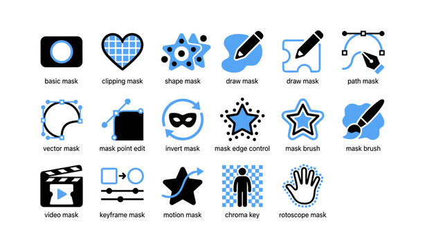 Grid of mask tool icons labeled with names on white background