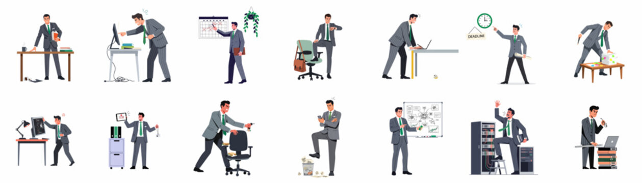Illustrations of a stressed businessman in various office scenarios experiencing anger, tight deadlines, system failures, and overwhelming workloads in a flat design style.