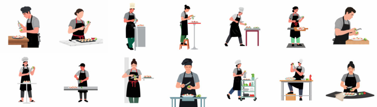 Collection of professional chefs in black aprons preparing dishes and zesting citrus fruits, isolated flat vector illustrations on white background.