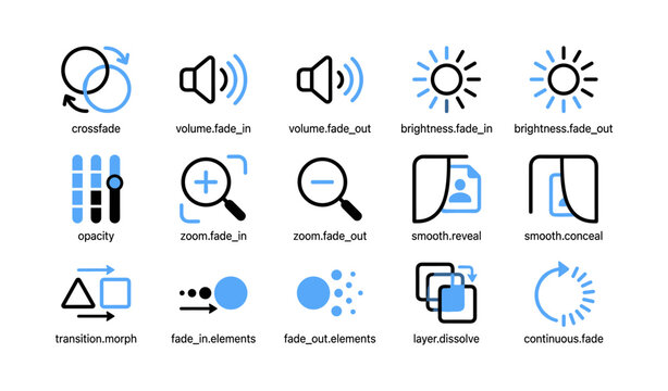 User interface transition and fade icons arranged on white canvas