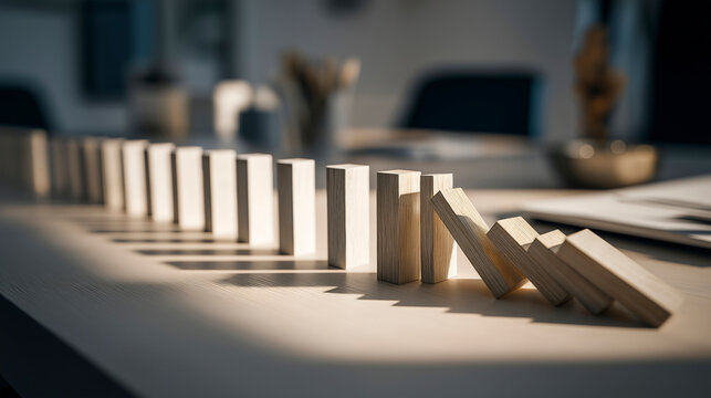 The Domino Effect: Falling Wooden Blocks Representing Chain Reaction and Crisis