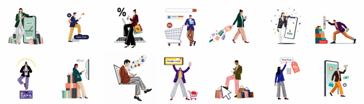 Collection of modern e-commerce and online shopping vector illustrations featuring characters using smartphones, laptops, promo codes, and discount vouchers for digital retail.