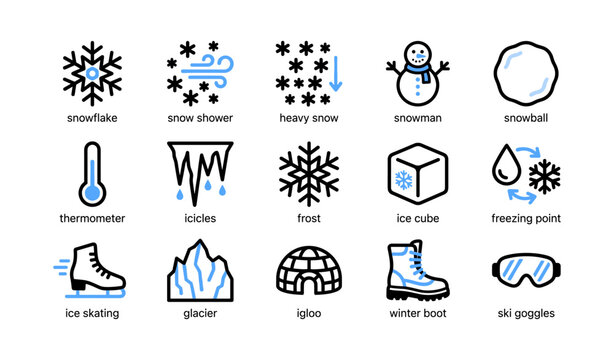 Winter icons depicting snow items and activities in grid