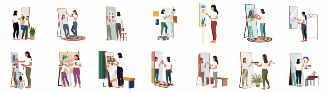 Collection of flat vector illustrations showing women using interactive smart mirrors for virtual try-on, shopping, and fashion styling in a modern retail setting.