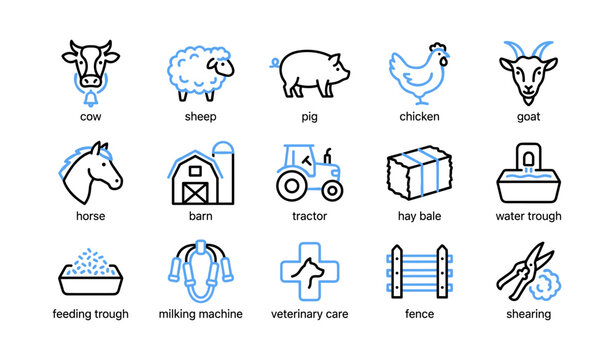 Farm icons showing animals, equipment and livestock care items