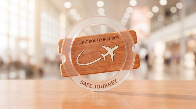 Wooden airplane travel token with flight route insured text on a table in airport terminal background