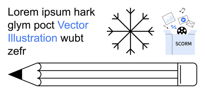 E-learning, content development, digital education, creative design, writing tools, knowledge sharing. Pencil drawing, snowflake SCORM box with digital icons. E-learning and content development