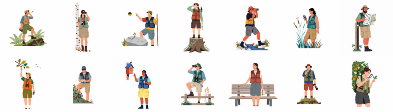 Collection of diverse birdwatchers and nature enthusiasts in outdoor settings with professional gear for wildlife observation and environmental study.