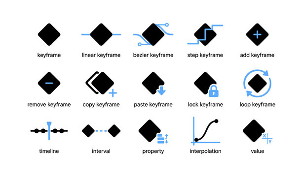 Keyframe icon set illustrating animation controls on white background