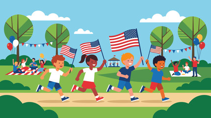 Fototapeta premium Children running with American flags in a park celebration