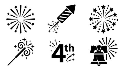 Fototapeta premium Set of black and white icons for Independence Day celebration and fireworks