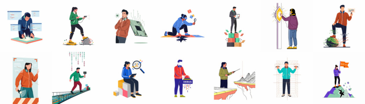 Collection of flat vector illustrations depicting software developers and engineers debugging, testing code, and solving complex technical problems in modern digital environments.