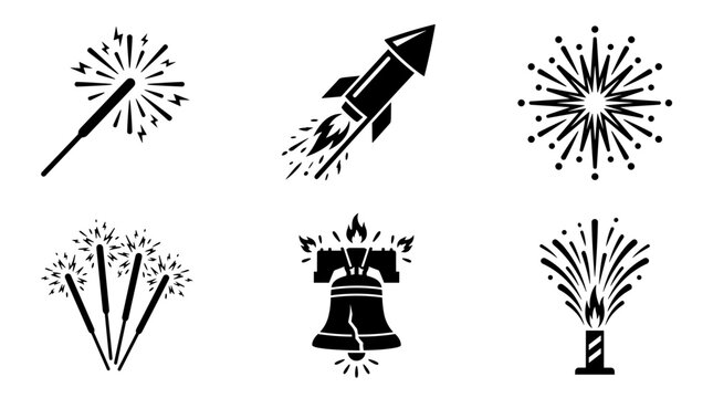 Collection of black and white fireworks and celebration icons including sparklers rockets and liberty bell