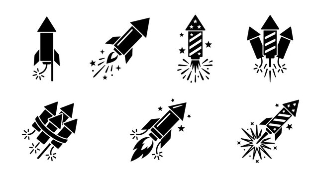 Collection of black fireworks rockets icons isolated on white background