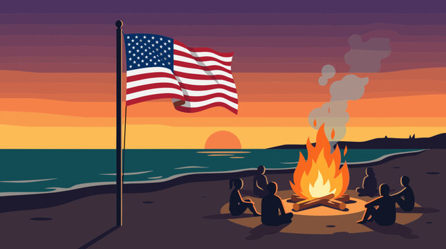 Pixel art scene of people gathered around a bonfire on a beach with an American flag at sunset