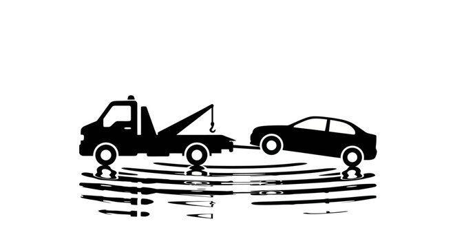 Black silhouette of a tow truck towing a car.