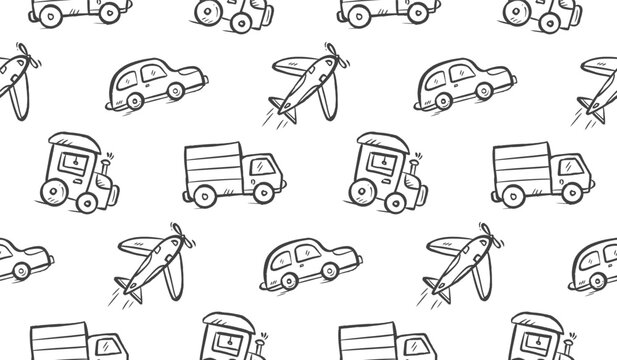 Children toys doodle background. Kid toys pattern background. Cute transportation model seamless pattern. Childhood playtime hand drawn pattern with car, truck, plane, train.