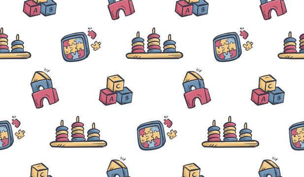 Children toys doodle background. Kid toys pattern background. Cute education games seamless pattern. Mn playtime hand drawn pattern with puzzle, stack ring, blocks.