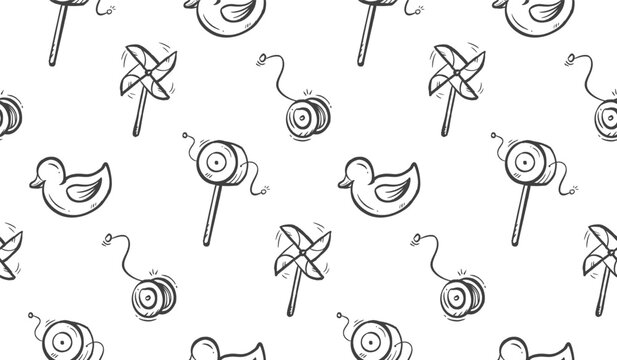 Children toys doodle background. Kid toys pattern background. Cute traditional games seamless pattern. Childhood playtime hand drawn pattern with windmill, spin drum, rubber duck, yo-yo.