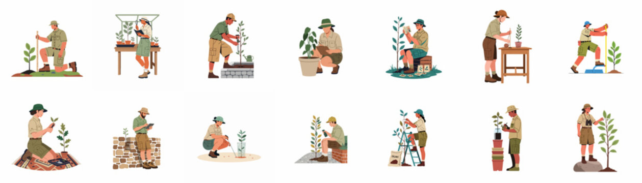 Vector illustration set of botanists and plant scientists in uniform performing various research tasks, measuring, recording data, and caring for flora.