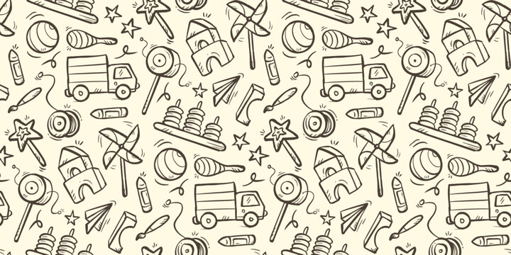 Children toys doodle background. Kid toys pattern background. Cute traditional games seamless pattern. Education game hand drawn pattern with truck, spin drum, windmill, stack ring, block, yo-yo.