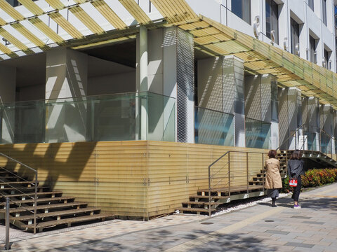 TOKYO, JAPAN - April 3, 2026: Detail of the Escorter Aoyama facility located by Gaienmae station. It was designed by Kengo Kuma.