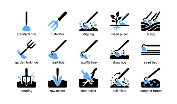 Garden tools icons arranged showing hoes trowels and tilling