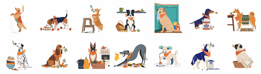 A whimsical collection of diverse dog breeds in playful kitchen scenes, illustrated with food, utensils, and matching orange bandanas on a white background. © Wohlu
