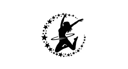 Fototapeta premium Silhouette of woman jumping with hula hoop.