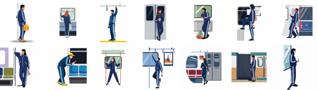 Collection of flat vector illustrations featuring various people in matching blue tracksuits commuting on public transportation like subways and trains.