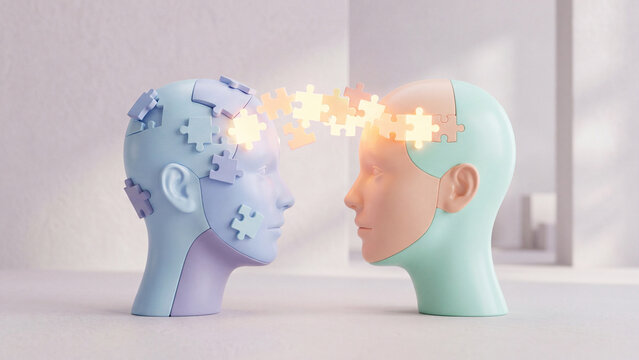 Two human heads made of puzzle pieces connecting with glowing light in between