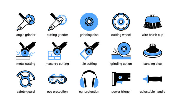 Angle grinder tools and accessories icons arranged in grid