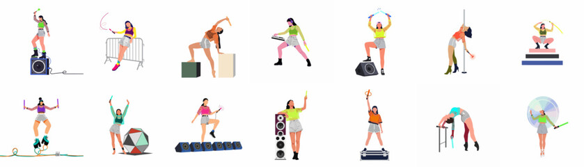 Fototapeta premium Collection of flat vector illustrations featuring a young woman in various energetic poses at a rave or music festival with glow sticks and speakers.