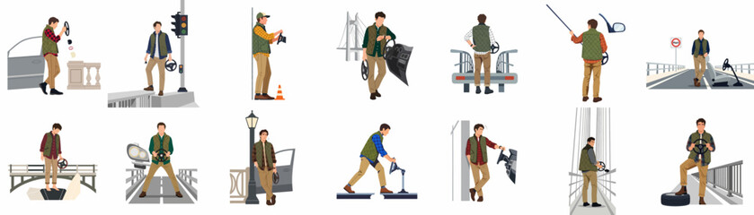 Collection of flat design character illustrations showing a man interacting with car parts in diverse outdoor and road settings for automotive and travel themes. © Wohlu