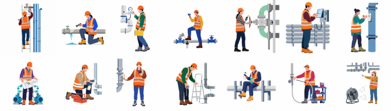 Collection of flat illustrations of industrial workers in safety gear performing maintenance, inspection, and repair tasks on various pipeline systems.
