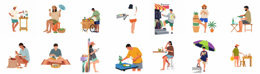 Fototapeta premium Flat vector illustrations of people enjoying diverse street food, travel activities, and local culture in a tropical or Southeast Asian setting.