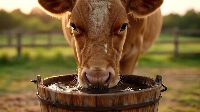 Brown Cow Drinking Water from a Wooden Bucket at Golden Hour