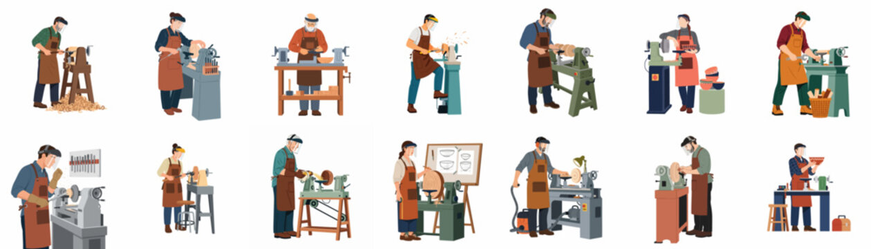 Collection of professional woodturners and artisans operating wood lathes in various workshop settings, isolated on a white background for design projects.
