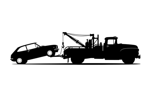 Silhouette of a tow truck towing a car.