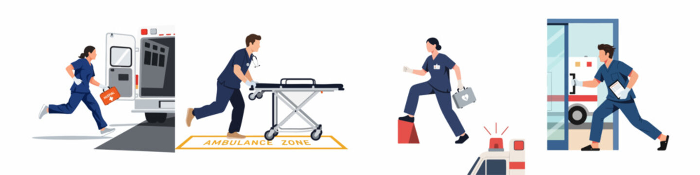 Set of illustrations depicting emergency medical personnel, paramedics and nurses responding to urgent situations with ambulances, stretchers and medical kits.