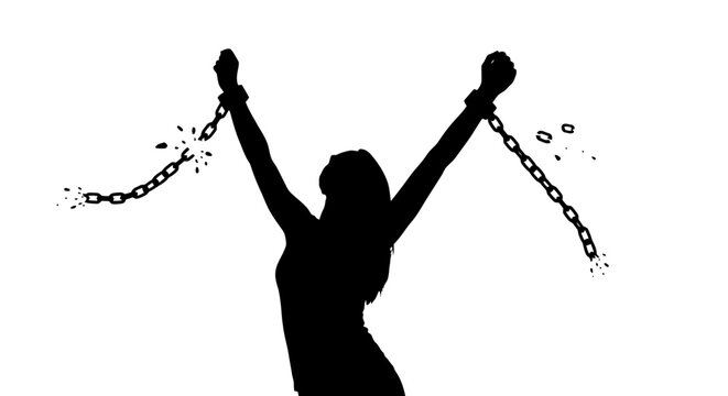 Silhouette of woman breaking free from chains.