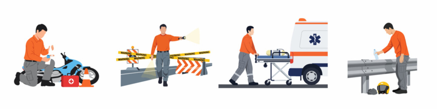 Vector Illustration Set Showing Emergency Responders and Road Safety Personnel Handling Accidents and Traffic Management Scenes on a White Background