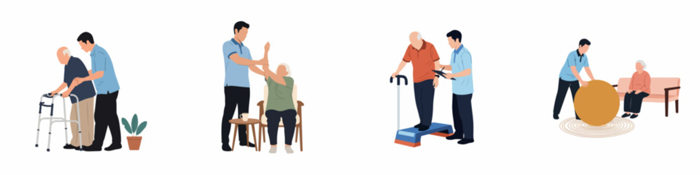 Elderly rehabilitation and physical therapy illustrations collection featuring professional caregiver assisting senior patients with various exercises and mobility aids.