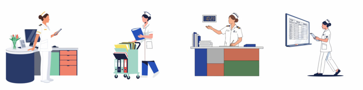 A collection of illustrations depicting female nurses performing various administrative and clinical tasks in a hospital or medical office setting.