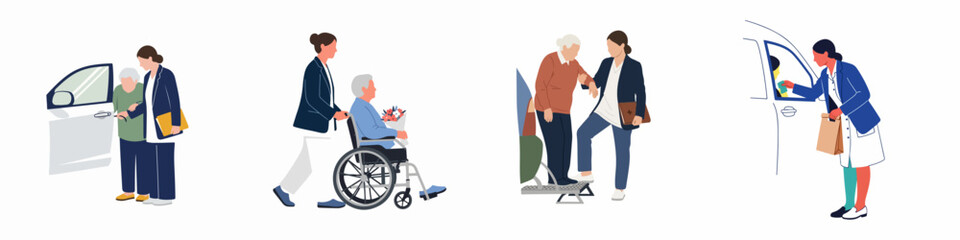 Obraz premium Flat illustration set of a female assistant providing mobility support, car transfers, wheelchair assistance, and delivery services for senior citizens.