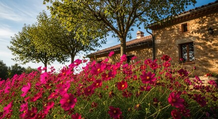 Obraz premium idyllic stone house with pink flowers and trees