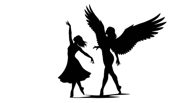 Silhouette of dancing woman and winged man.
