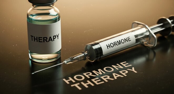 Hormone therapy medical treatment concept showing vial labeled therapy and syringe with hormone text on dark background represent endocrinology and healthcare solutions.