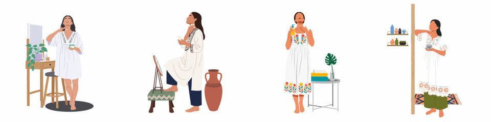 Obraz premium Collection of flat illustrations depicting women's daily skincare and beauty routines, including applying creams and lotions at home.