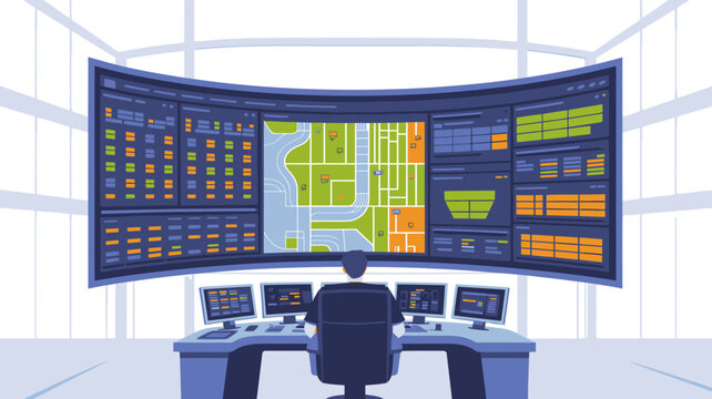 Control room operator sitting in front of large computer screens displaying map
